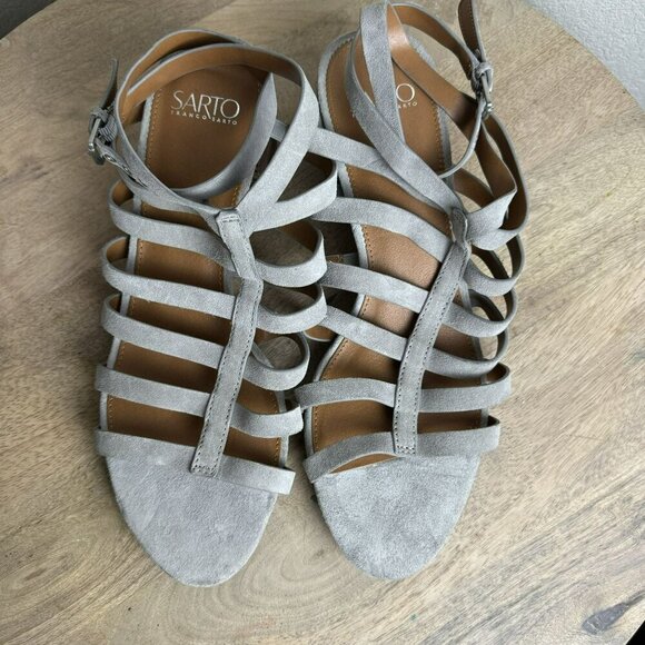 Franco Sarto Finesse Cage strappy Gladiator Sandal Sz‎ 10M Grey Suede Block Heel - Picture 7 of 10